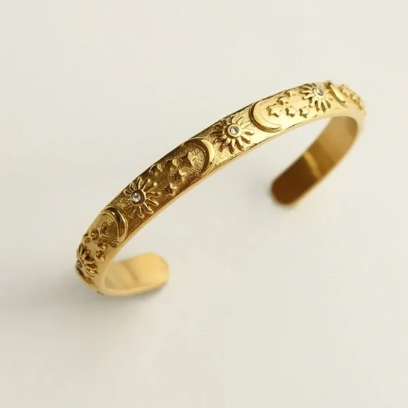 Bohemian Crescent Star Bangle Bracelet | Gold Plated Stainless Steel - Picture 2 of 4